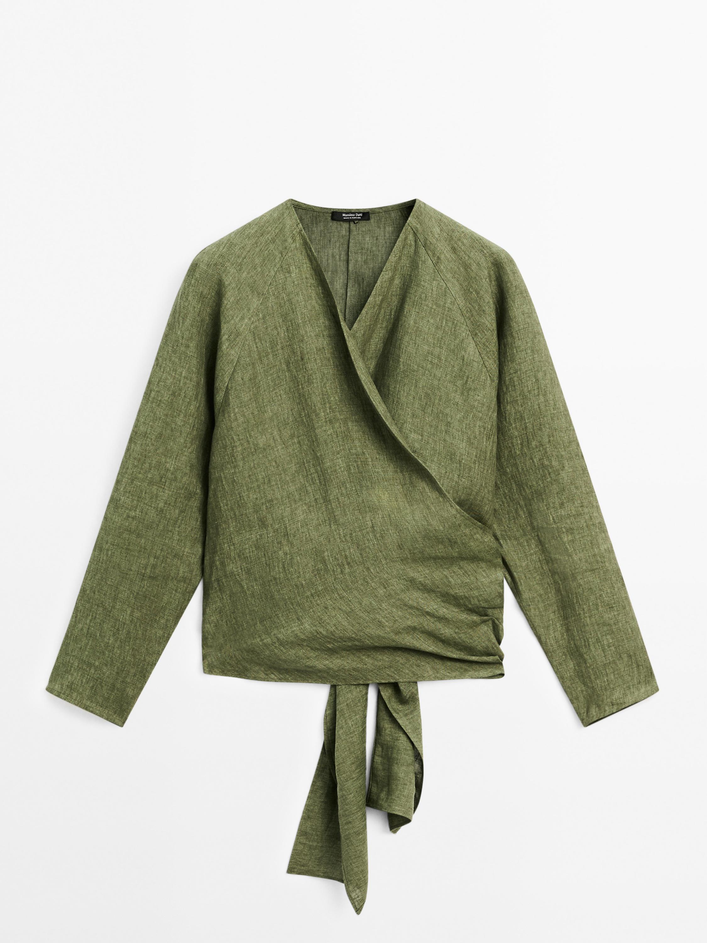 Flowing linen blouse with tie detail at the waist